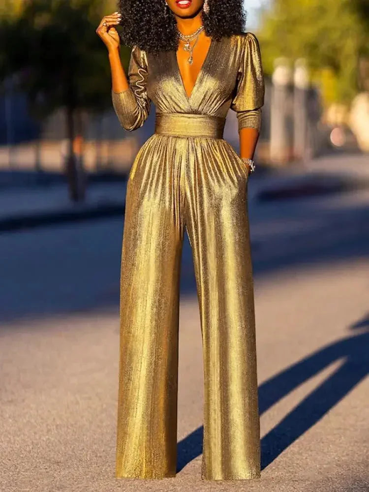 Fashionable women's wide leg jumpsuit, an elegant evening outfit suitable for formal wear & special events.