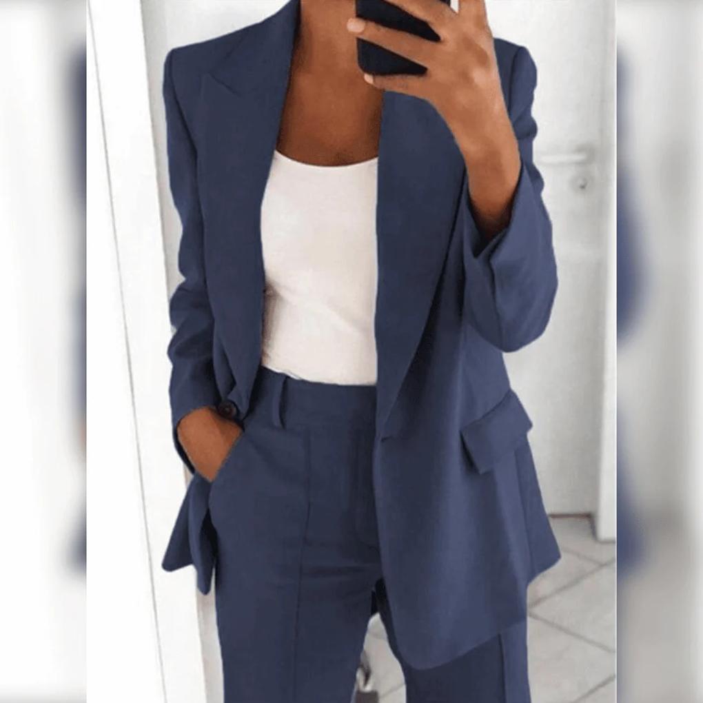 Polished women's formal suit set with classic blazer & trousers for business occasions.