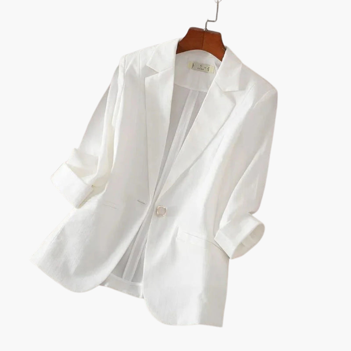 Versatile women's 3/4 sleeve blazer, a tailored layering piece for professional office attire & casual chic.