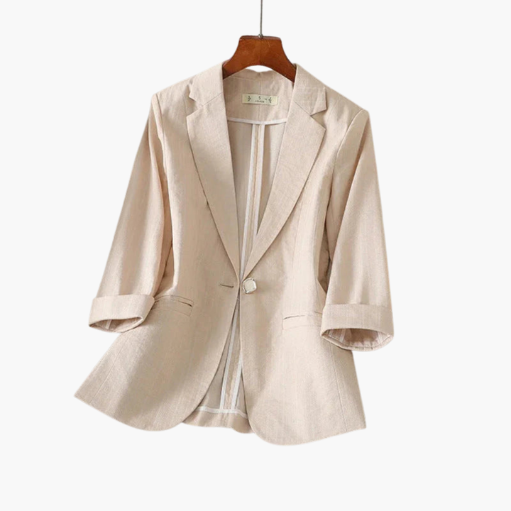 Professional women's elegant 3/4 sleeve blazer for sophisticated office attire, workwear & casual style.