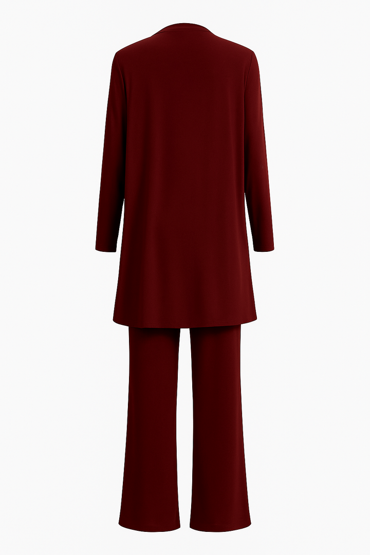 Women's elegant 3-piece suit set: jacket, tailored pants & top. Smart casual fashion.