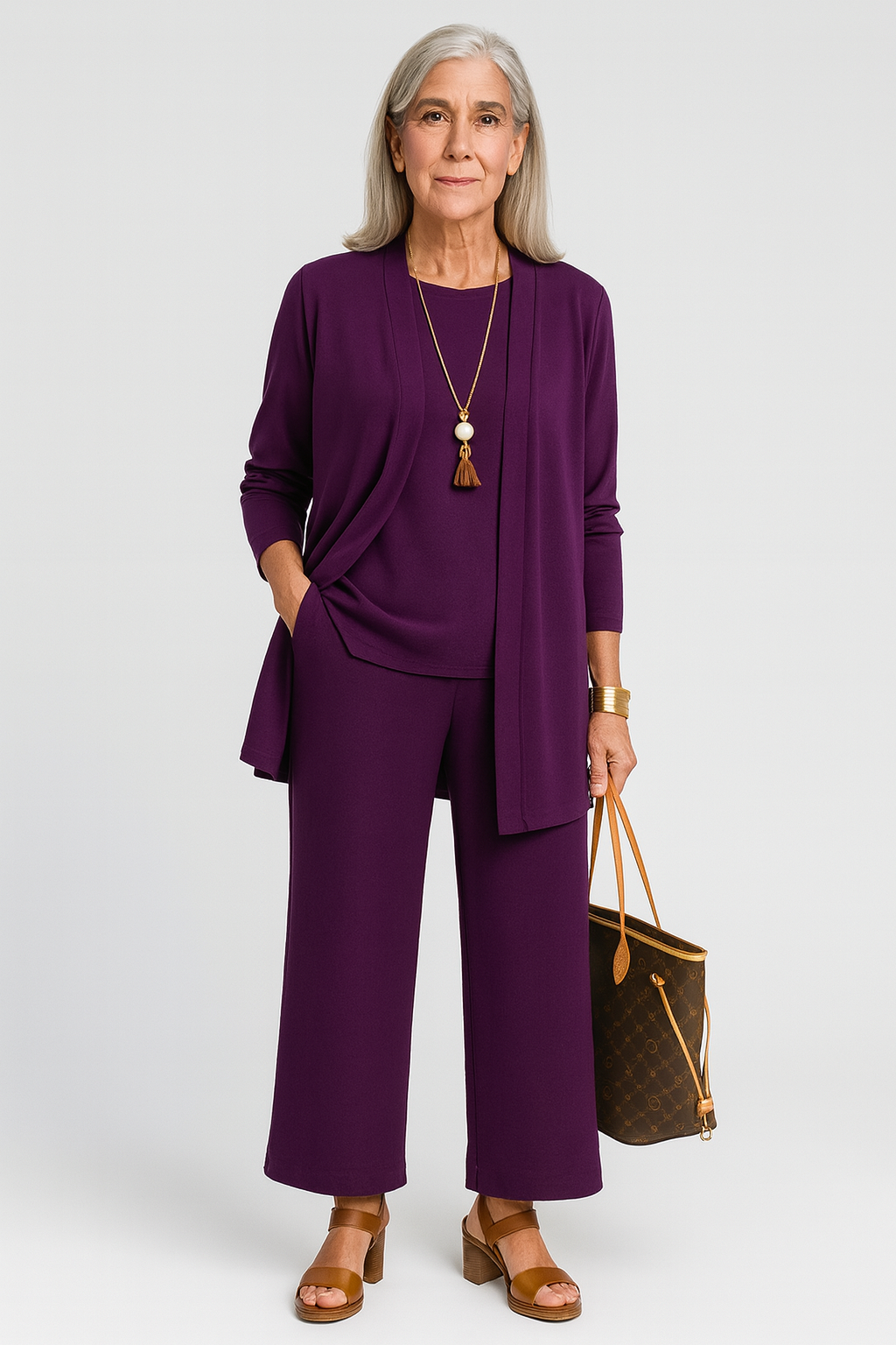 Full view of women's elegant 3-piece pantsuit set. Business casual & versatile fashion.