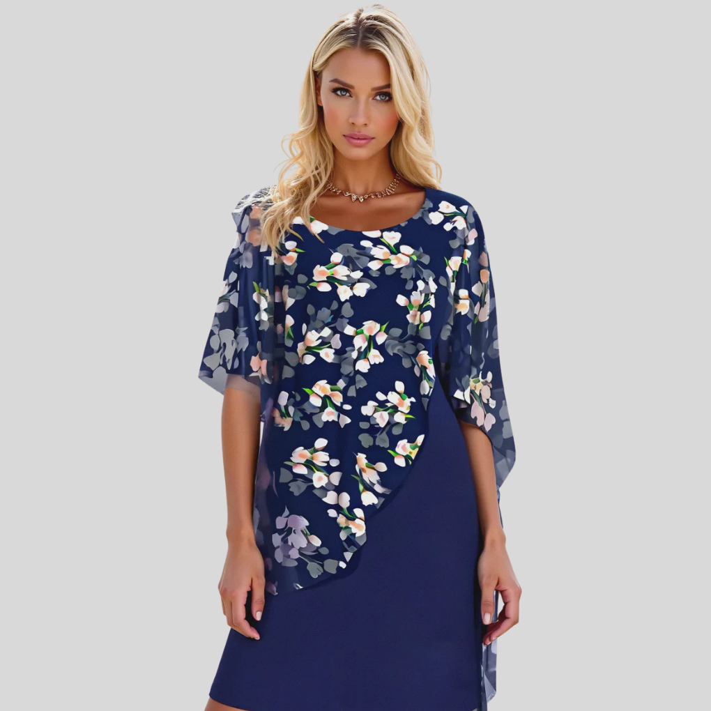 Vibrant floral print A-line summer dress for women. Elegant occasion wear, perfect for feminine party fashion.