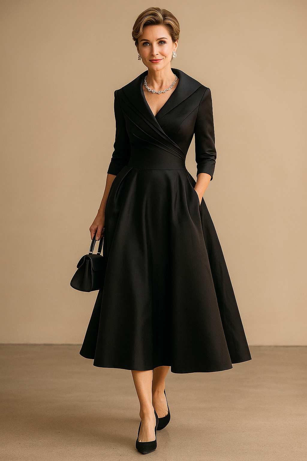 Elegant women's A-line midi dress with ruched details and stylish wrap collar. Perfect formal wear or occasion dress.