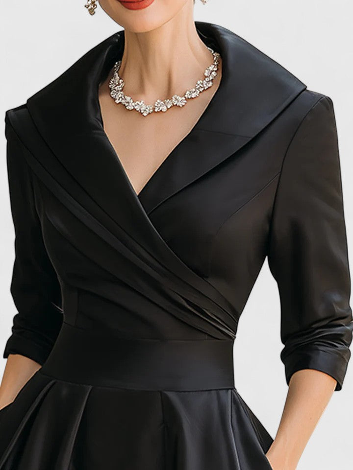 Women's formal ruched midi dress featuring a chic wrap collar and flattering A-line silhouette. Elegant party attire.