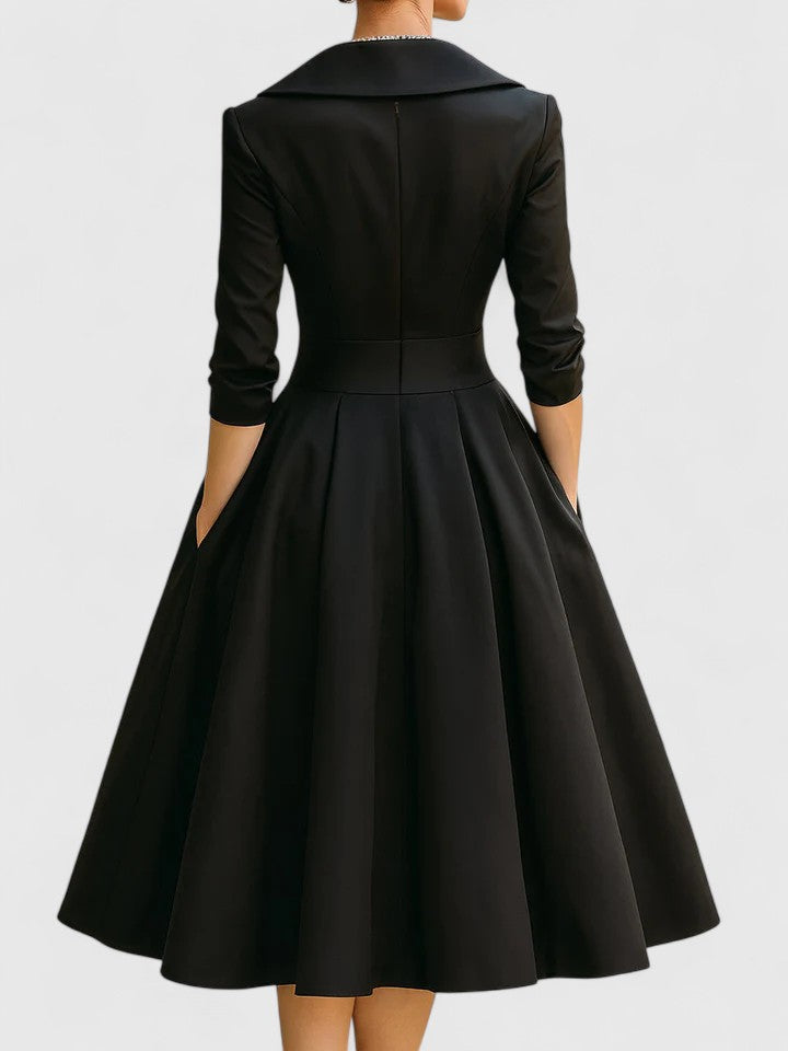 Flattering A-line midi dress for women, showcasing beautiful ruched design and sophisticated wrap collar. Evening elegance.