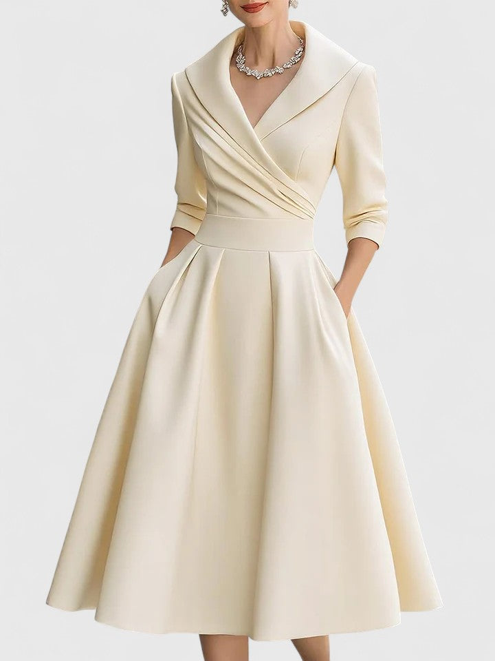 Ruched wrap collar A-line midi dress for women. Elegant formal wear, perfect as a cocktail or evening dress.