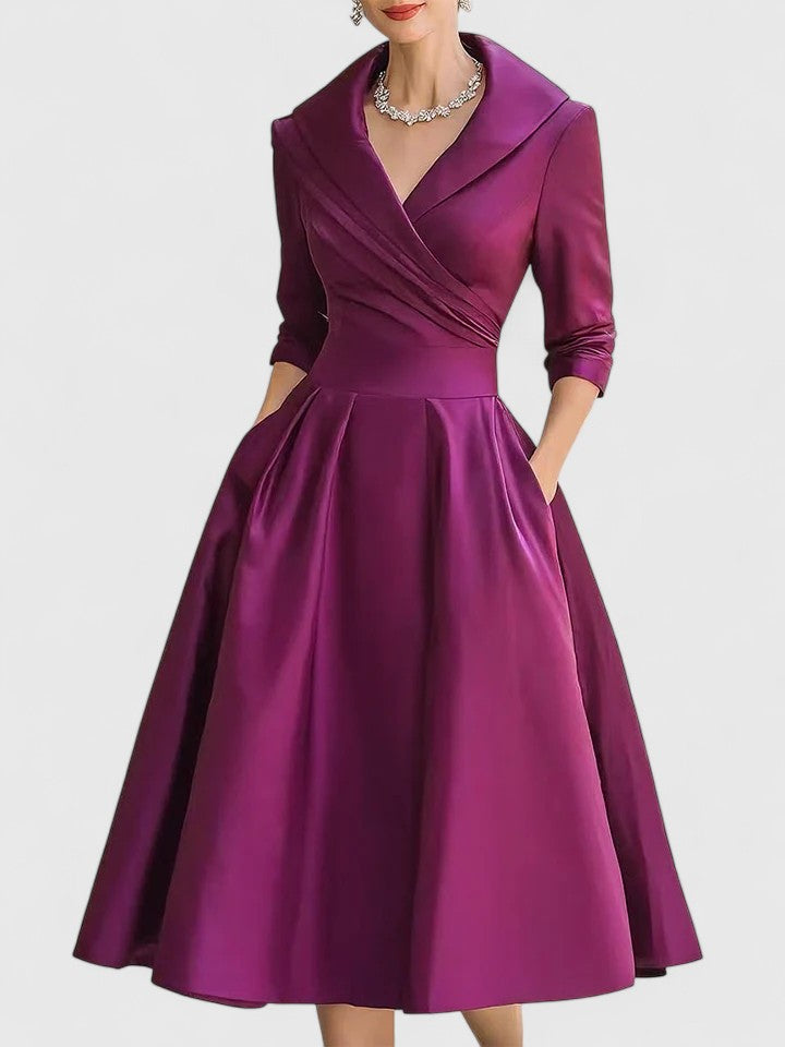 Chic women's ruched wrap collar A-line midi dress, an elegant choice for wedding guests, formal parties & occasions.