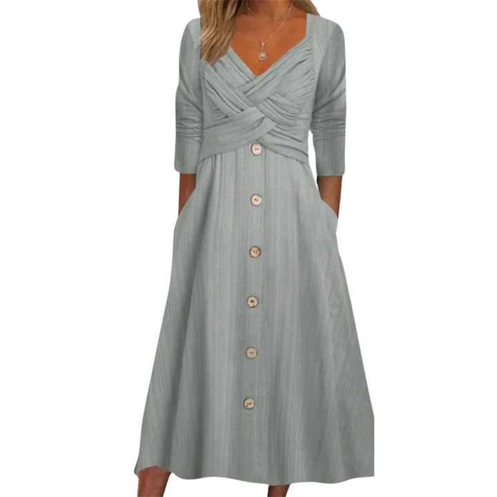 Comfortable women's midi dress, A-line fit, with elegant square neck & button-down. Features flattering tummy coverage.