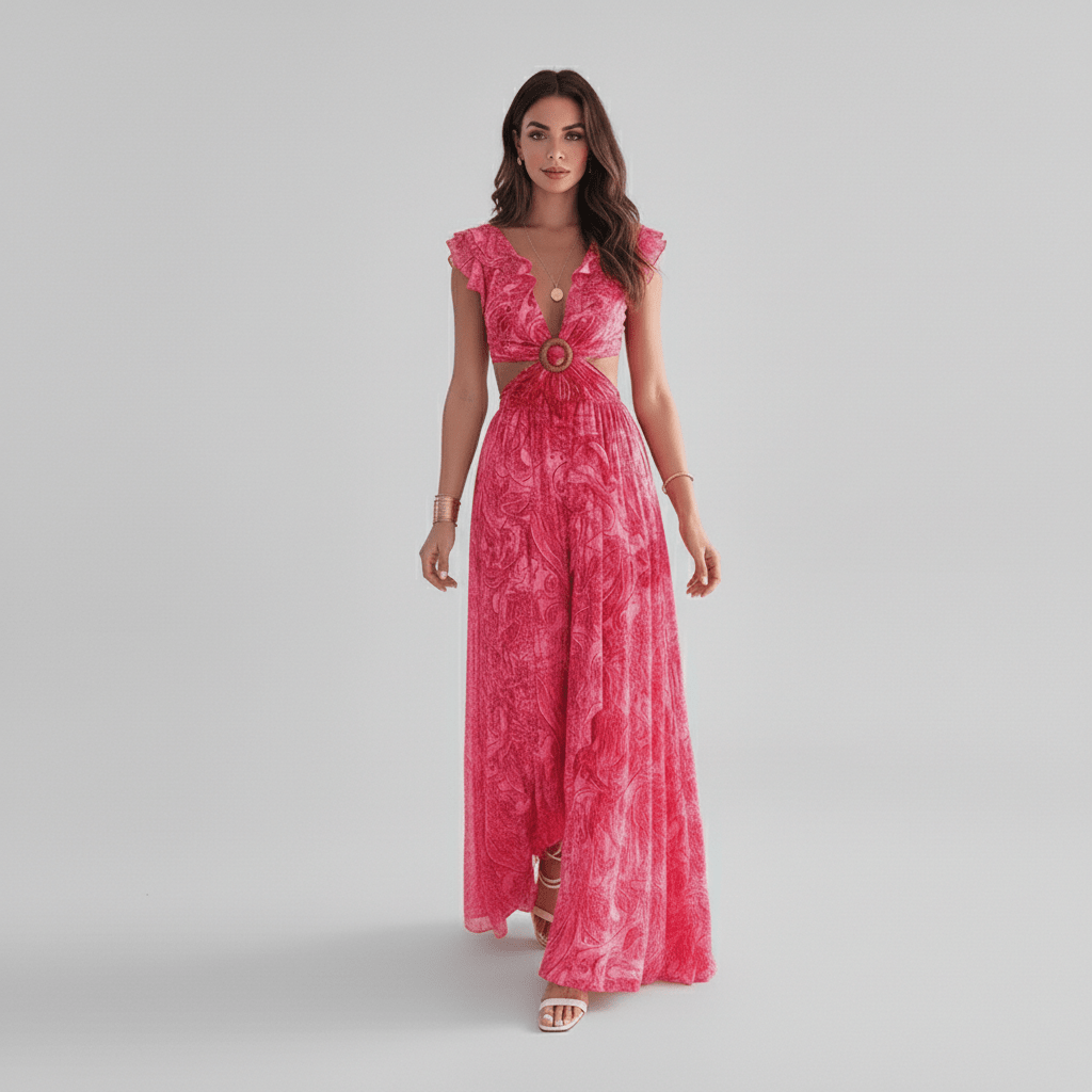 Elegant women's abstract print cut-out ruffle maxi dress, perfect for a vibrant summer wedding guest or special occasion.