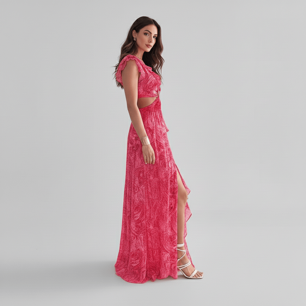 Vibrant abstract print maxi dress for women with stylish cut-out detail and delicate ruffle sleeves, ideal for parties.
