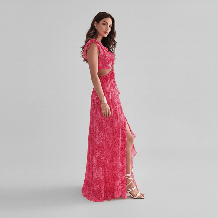 Vibrant abstract print maxi dress for women with stylish cut-out detail and delicate ruffle sleeves, ideal for parties.