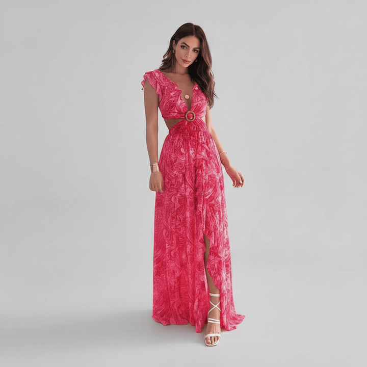 Flowing abstract print maxi dress with cut-outs & ruffles, a chic women's summer party or elegant vacation style.