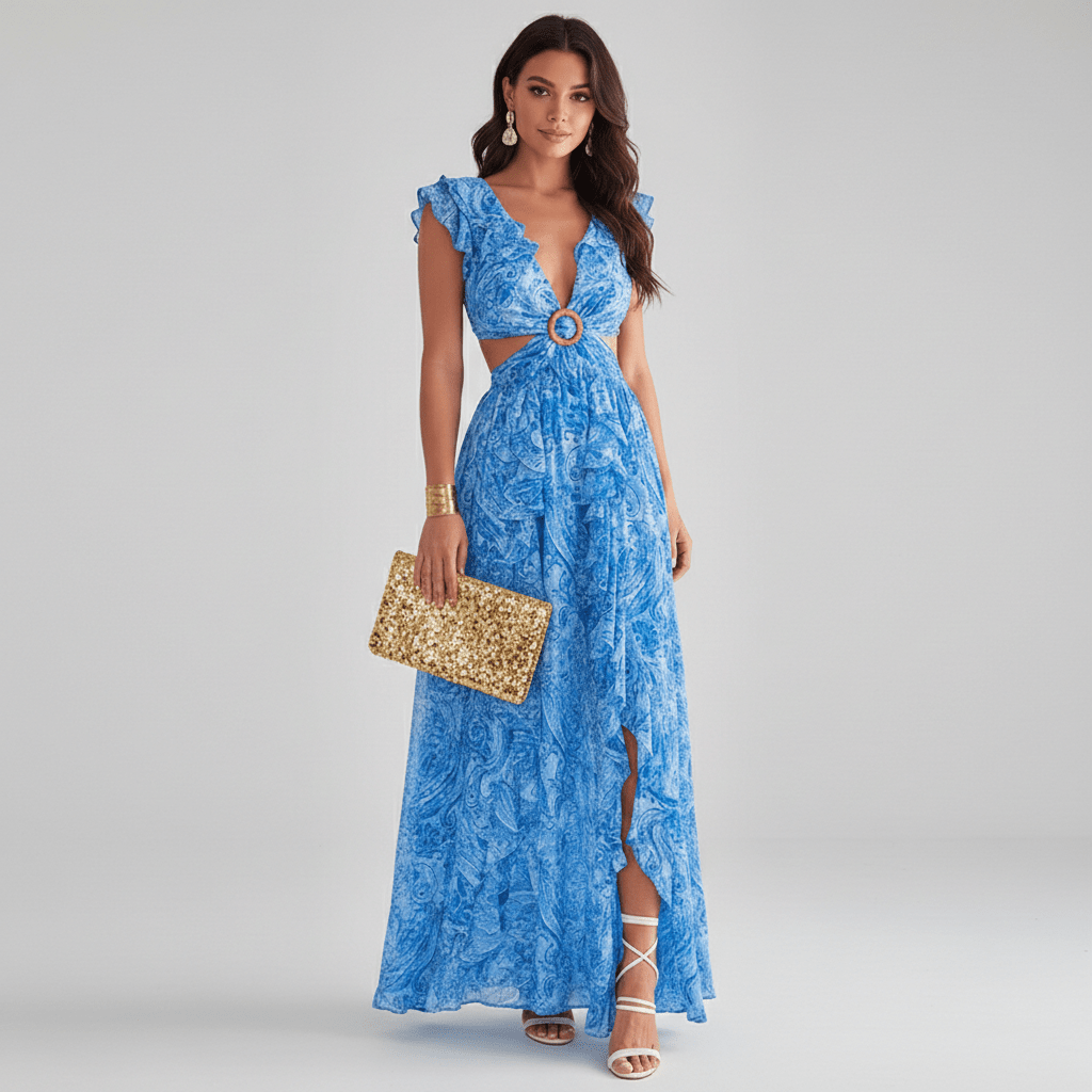 Chic women's abstract print maxi dress featuring elegant ruffles and a modern cut-out, suitable for special events.