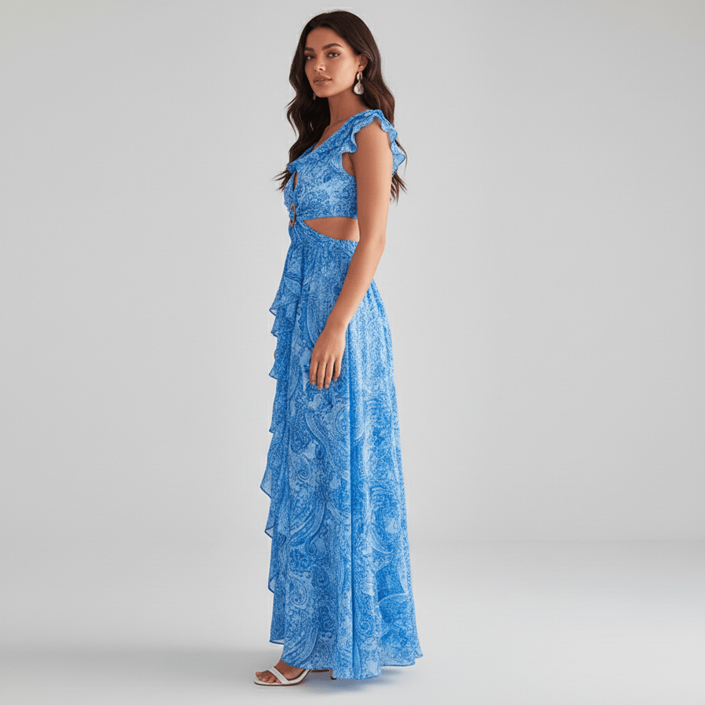 Full-length vibrant abstract print maxi dress for women, with trendy cut-outs and ruffled sleeves, perfect for guests.