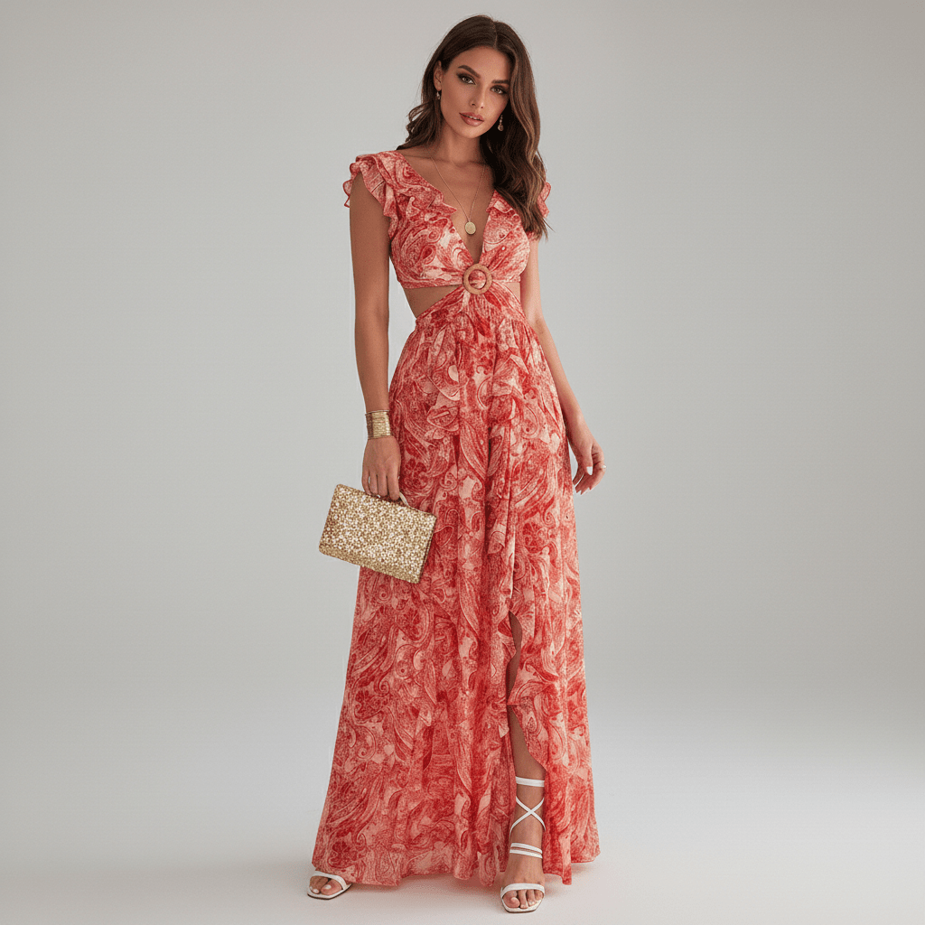 Modern women's abstract print maxi dress, showcasing cut-out details & ruffles, versatile for parties or special events.