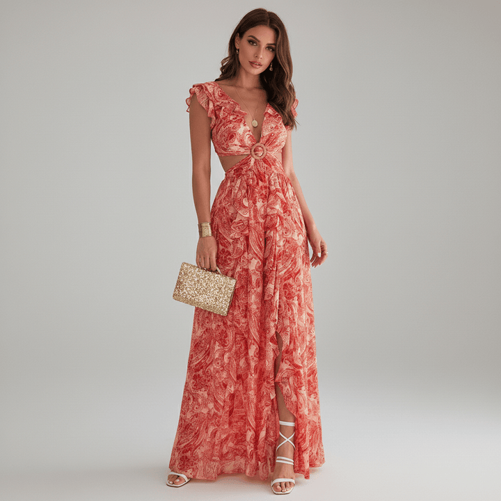 Modern women's abstract print maxi dress, showcasing cut-out details & ruffles, versatile for parties or special events.