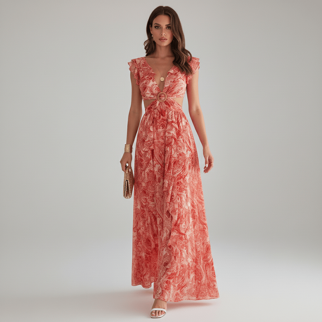 Stylish women's abstract print maxi dress featuring elegant ruffle sleeves and chic waist cut-outs for special occasions.