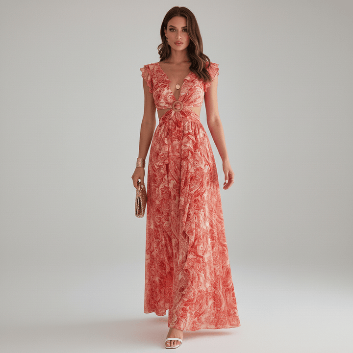 Stylish women's abstract print maxi dress featuring elegant ruffle sleeves and chic waist cut-outs for special occasions.