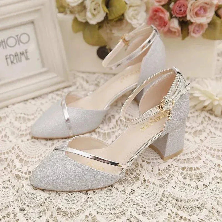 Elegant women's ankle strap block heel pumps, perfect for formal wear & ladies fashion. Comfortable dress shoes.