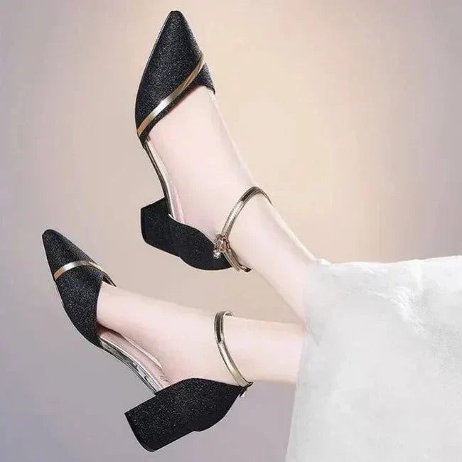 Chic women's block heel pumps with ankle strap. Ideal elegant dress shoes for professional or formal events.