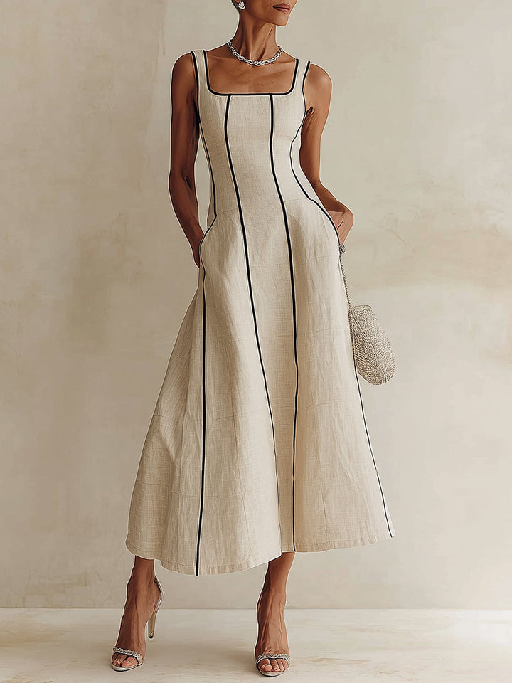 Elegant women's apricot maxi dress with square neck and A-line flow, perfect for summer events.