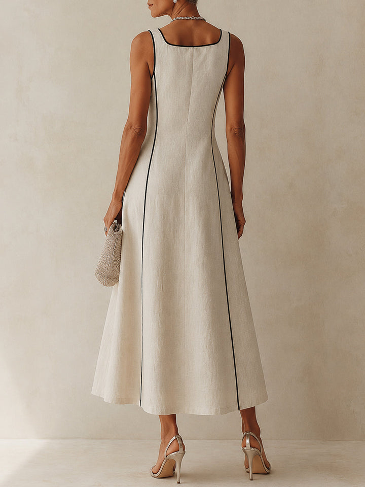 Chic apricot A-line maxi dress for women, featuring a flattering square neck and sleeveless design.
