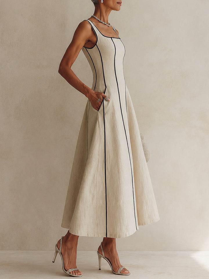 Women's apricot summer maxi dress with a stylish square neckline and graceful A-line silhouette.