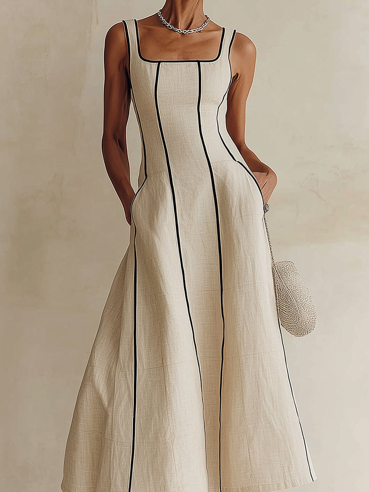Apricot sleeveless maxi dress for women, with a unique square neck and comfortable A-line style.