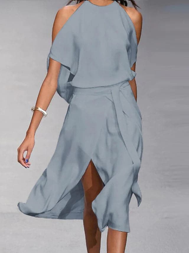 Elegant women's asymmetrical draped midi dress with short sleeves. Perfect for day to night wear, modern fashion.