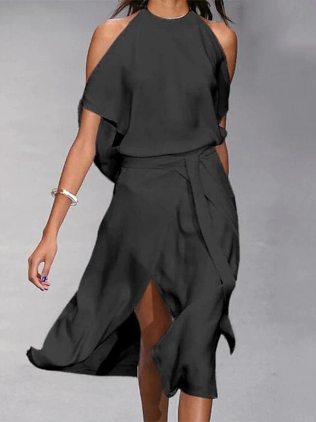 Versatile women's midi dress featuring an asymmetrical drape and short sleeves. Ideal for casual chic or special occasions.
