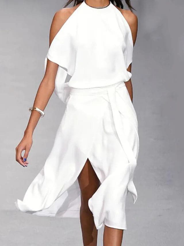 Chic women's a-line midi dress with modern asymmetrical drape & short sleeves. A perfect elegant addition to any wardrobe.