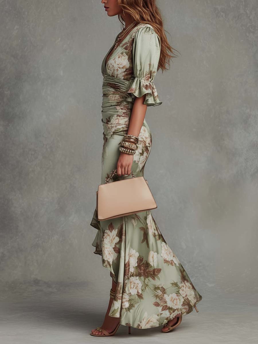 Stylish green asymmetrical maxi dress for women, featuring a flowing silhouette for weddings or special occasions.