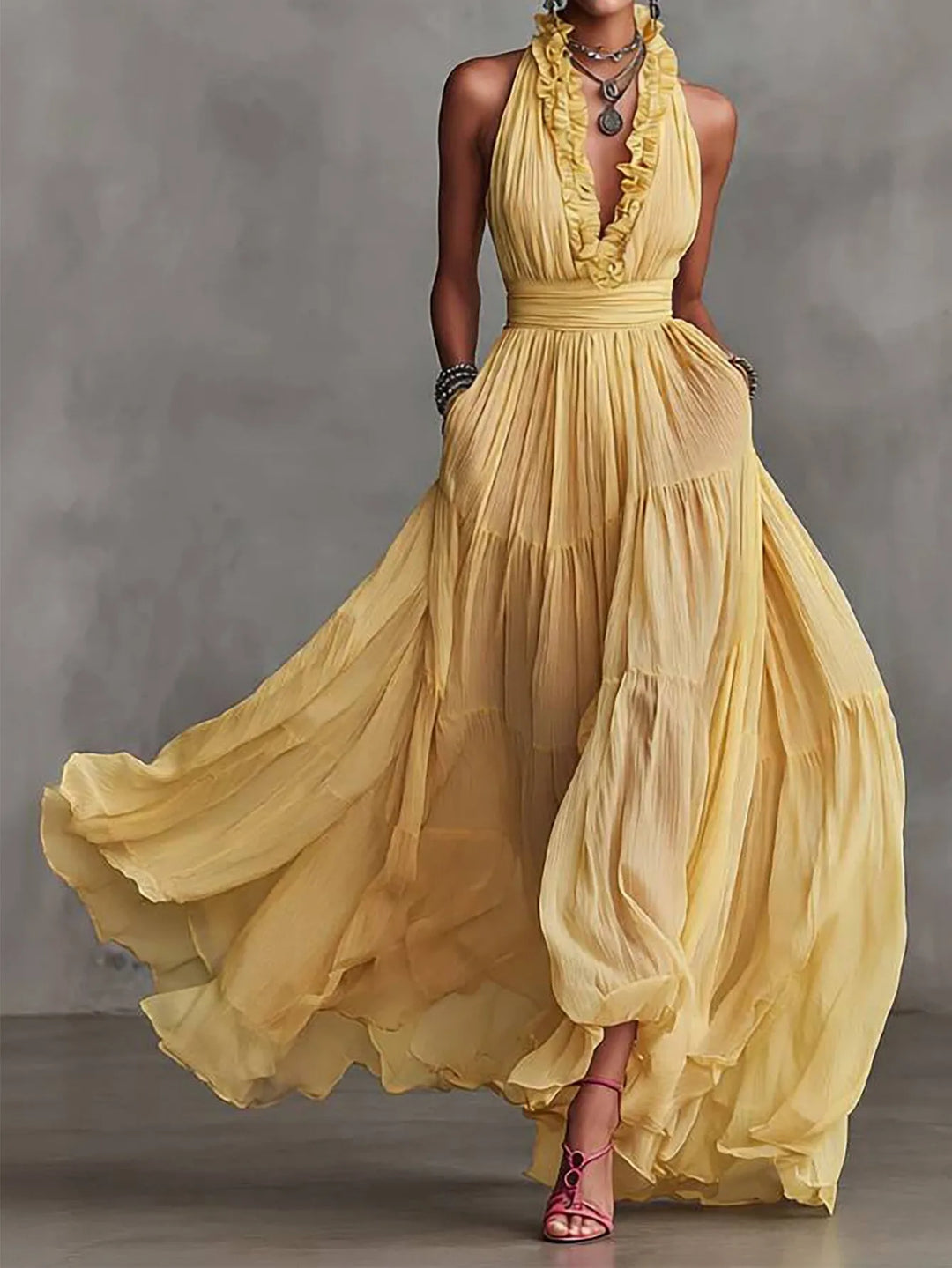 Elegant women's backless maxi dress with ruffle trim, perfect for evening events & special occasions.