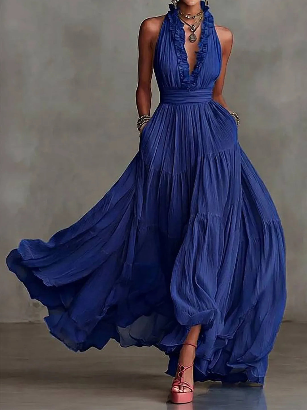 Flowy women's elegant maxi dress, backless with ruffles, great for vacation, cruises & special events.