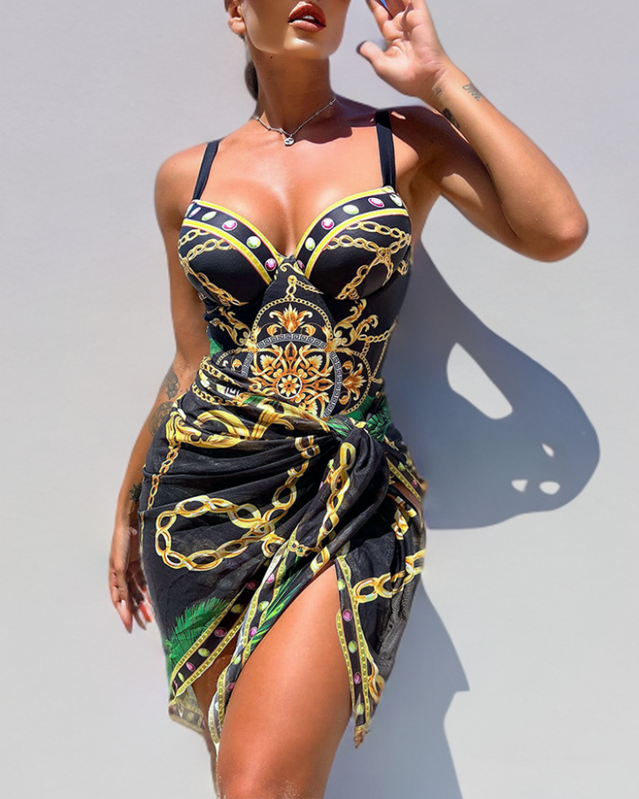 Elegant women's baroque chain print one-piece swimsuit, perfect for luxury resort wear and summer vacations.