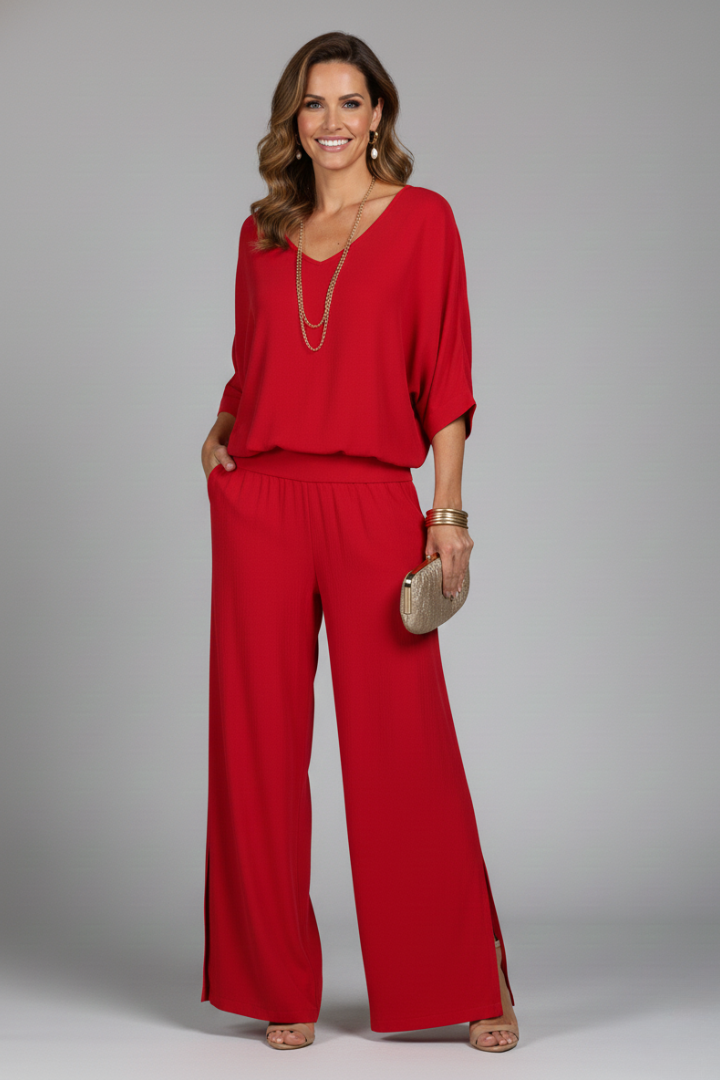 Versatile women's batwing top & wide leg pant set, suitable for elegant party or casual summer.