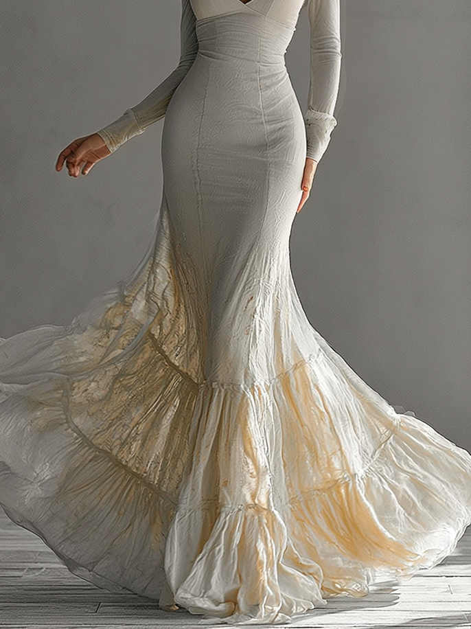 Women's formal beige long sleeve deep V neck mermaid maxi dress with elegant ruffle hem, perfect for galas.