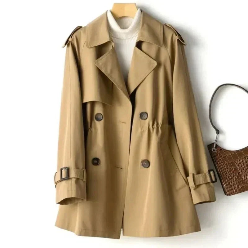 Classic women's double-breasted trench coat with belt, perfect for elegant office wear, formal jackets, and fall fashion.