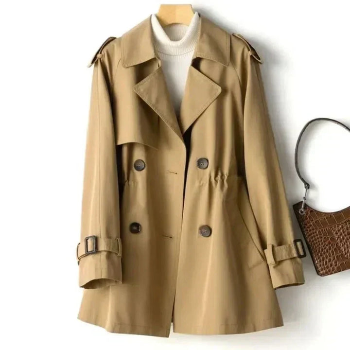 Classic women's double-breasted trench coat with belt, perfect for elegant office wear, formal jackets, and fall fashion.