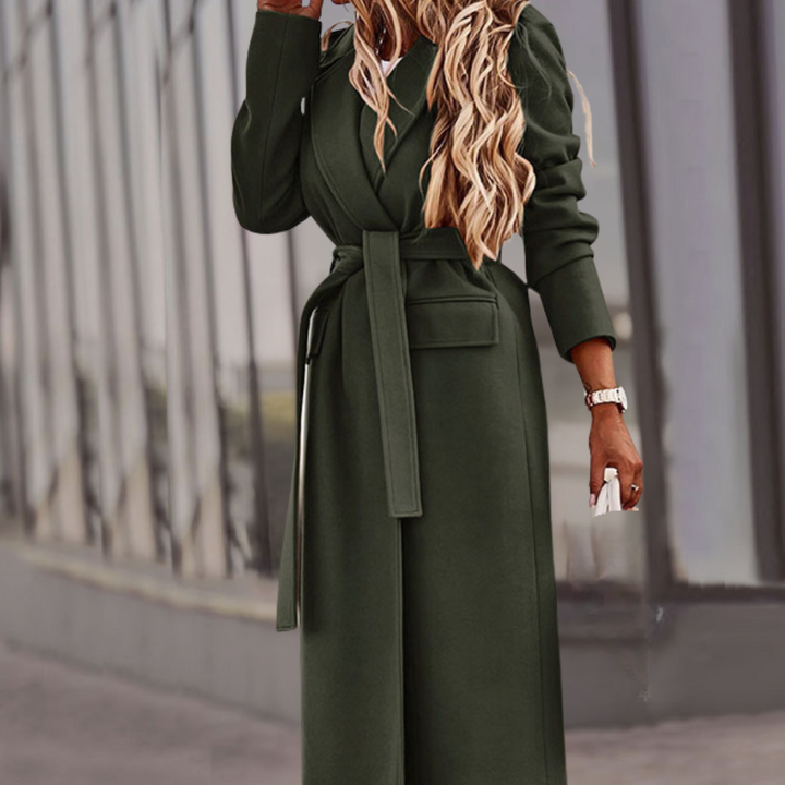 Elegant women's belted maxi jacket in versatile army green, perfect for formal or casual fall fashion.
