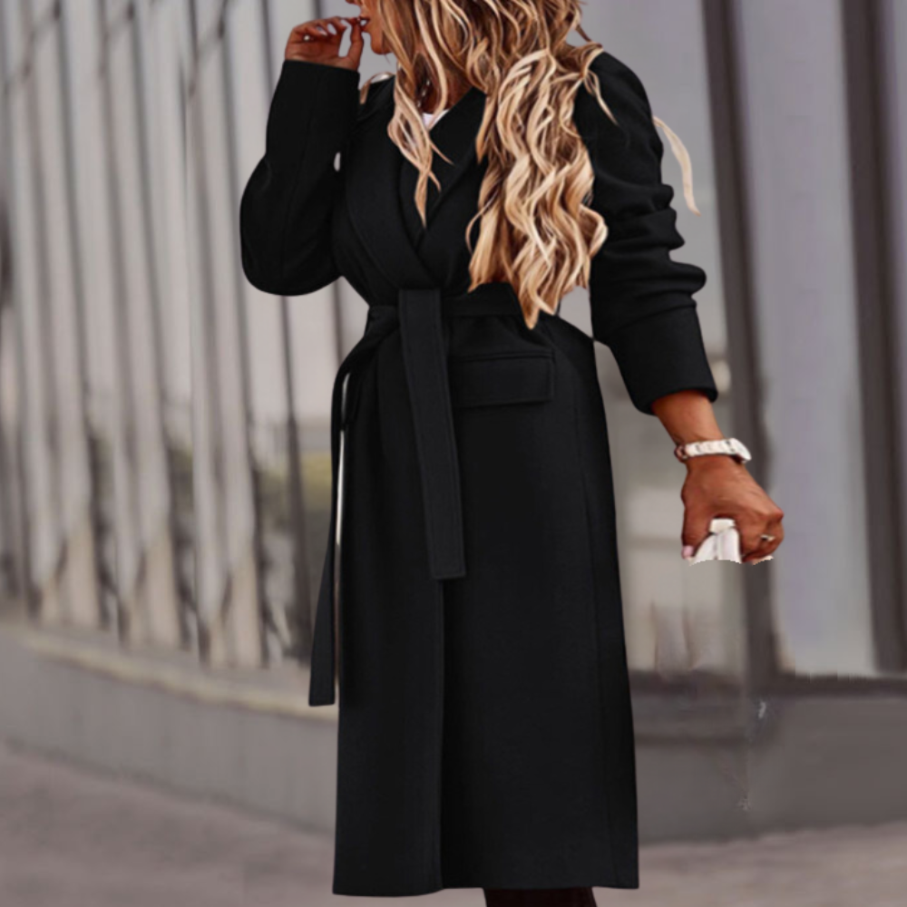 Stylish black women's belted maxi jacket, an elegant long coat suitable for diverse outfits.
