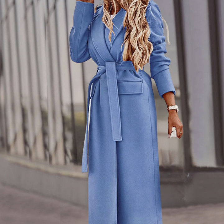 Versatile women's belted maxi jacket, a chic long coat for spring & fall, offering an elegant silhouette.
