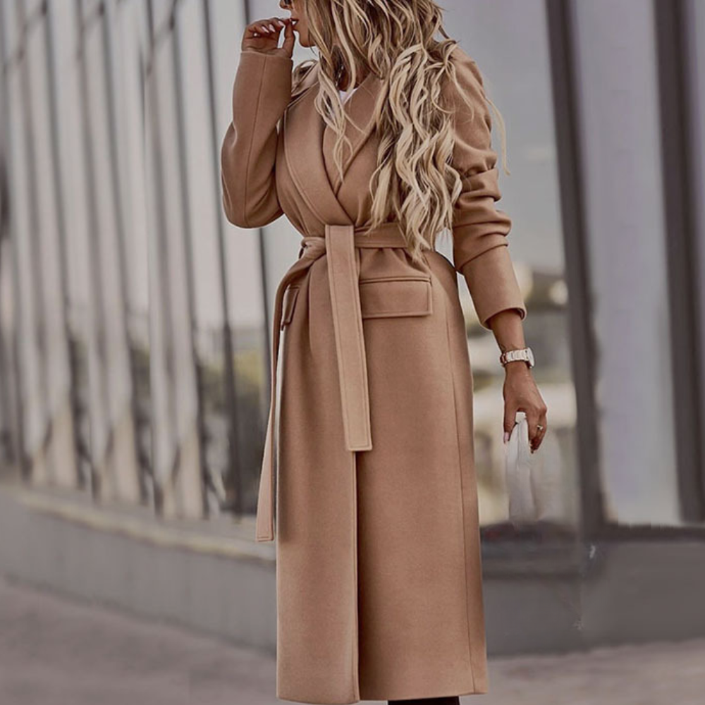 Khaki women's belted maxi jacket, an elegant and versatile long coat ideal for casual or formal wear.