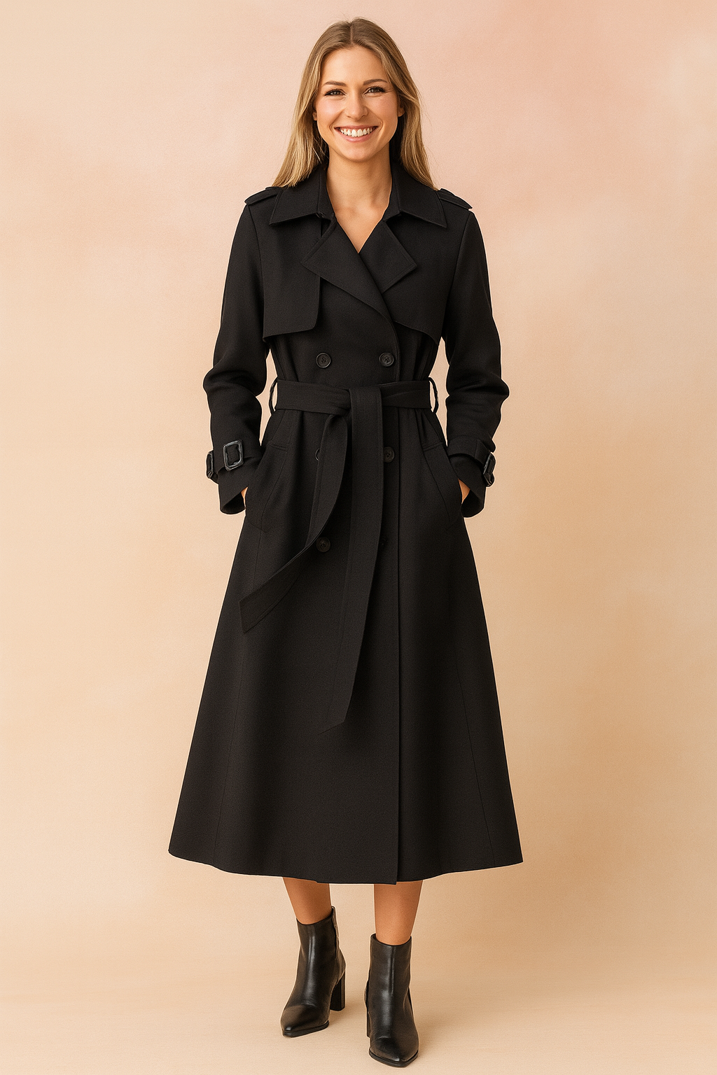 Elegant women's belted trench coat with wide lapel, perfect for work or casual spring & autumn wear. Classic outerwear.
