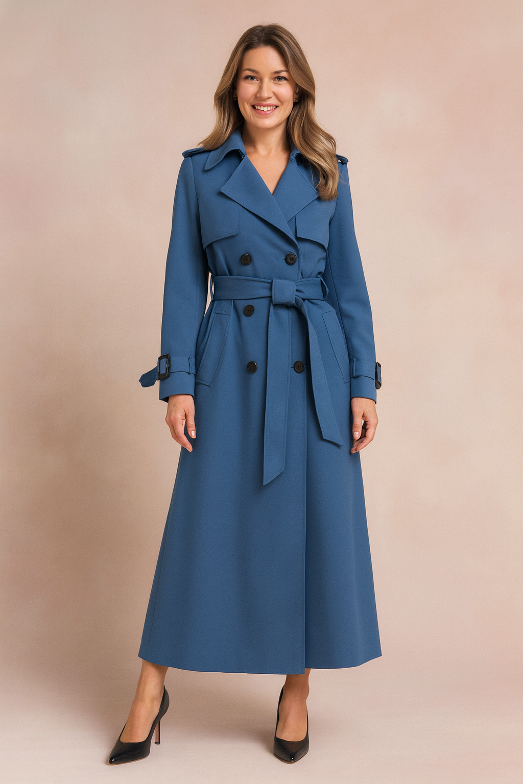 Classic women's trench coat with wide lapel & belted waist. Chic elegant outerwear, ideal for autumn and spring workwear.