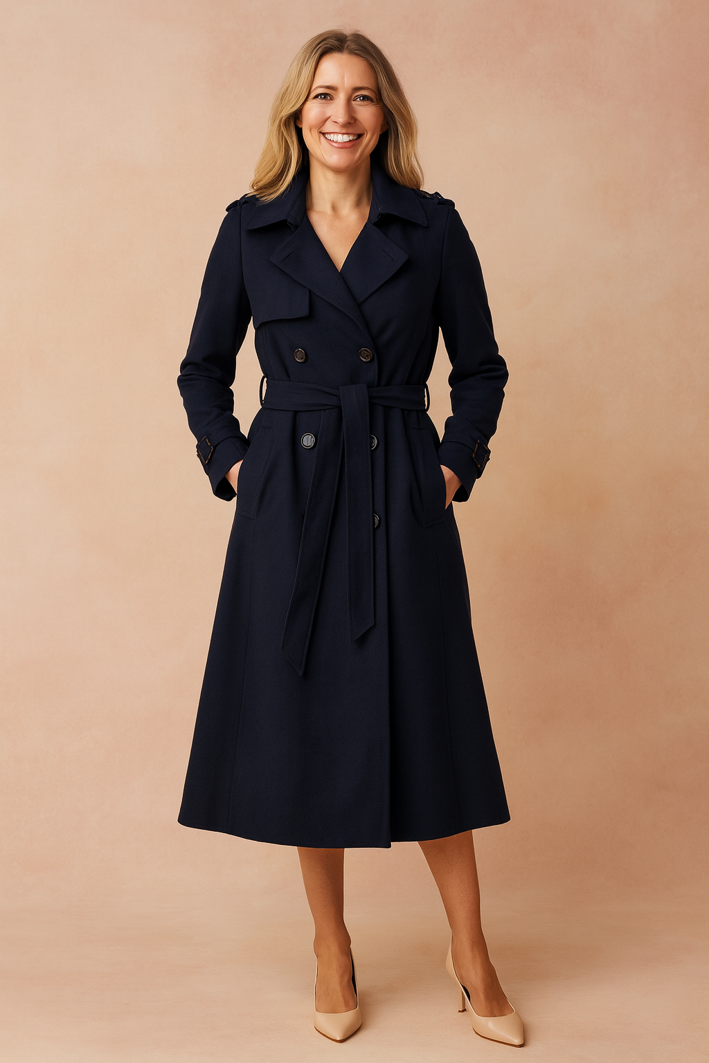 Stylish women's trench coat, belted back detail, wide lapel. Ideal elegant casual jacket & workwear for women.