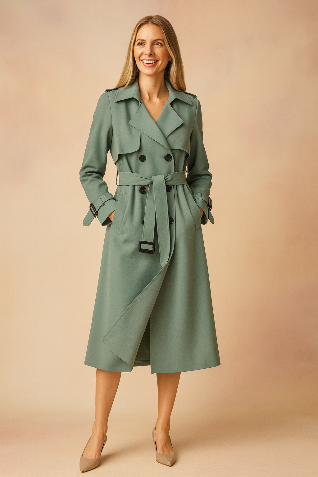 Woman wearing a chic belted trench coat with wide lapel. Elegant classic outerwear perfect for spring & autumn outfits.