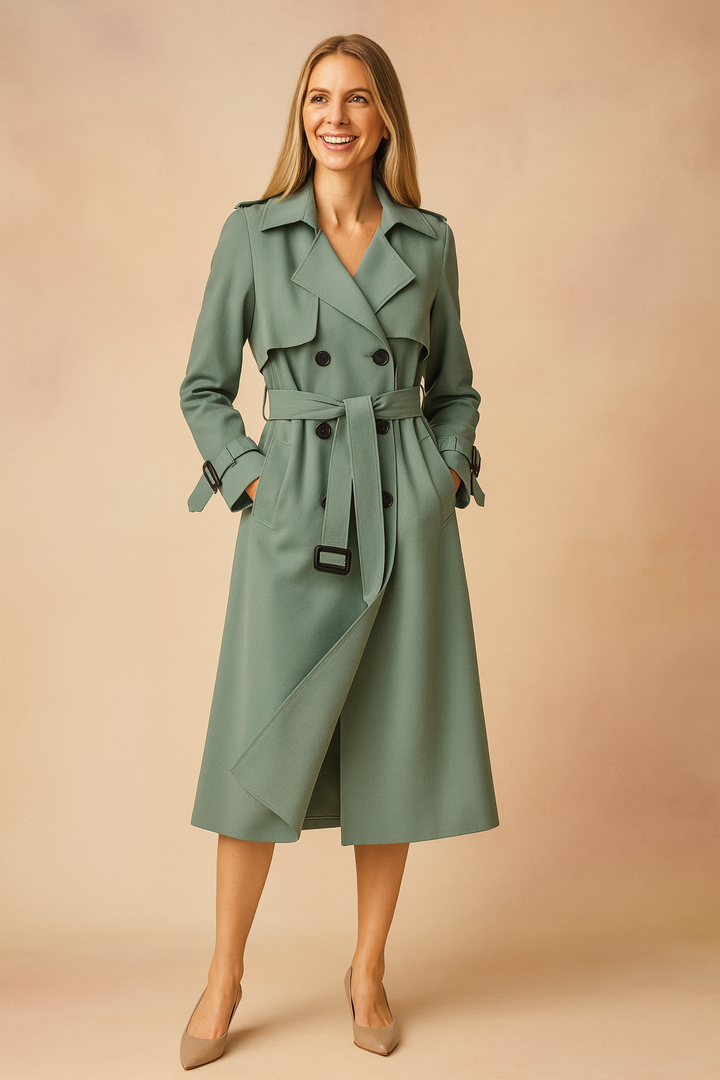 Woman wearing a chic belted trench coat with wide lapel. Elegant classic outerwear perfect for spring & autumn outfits.