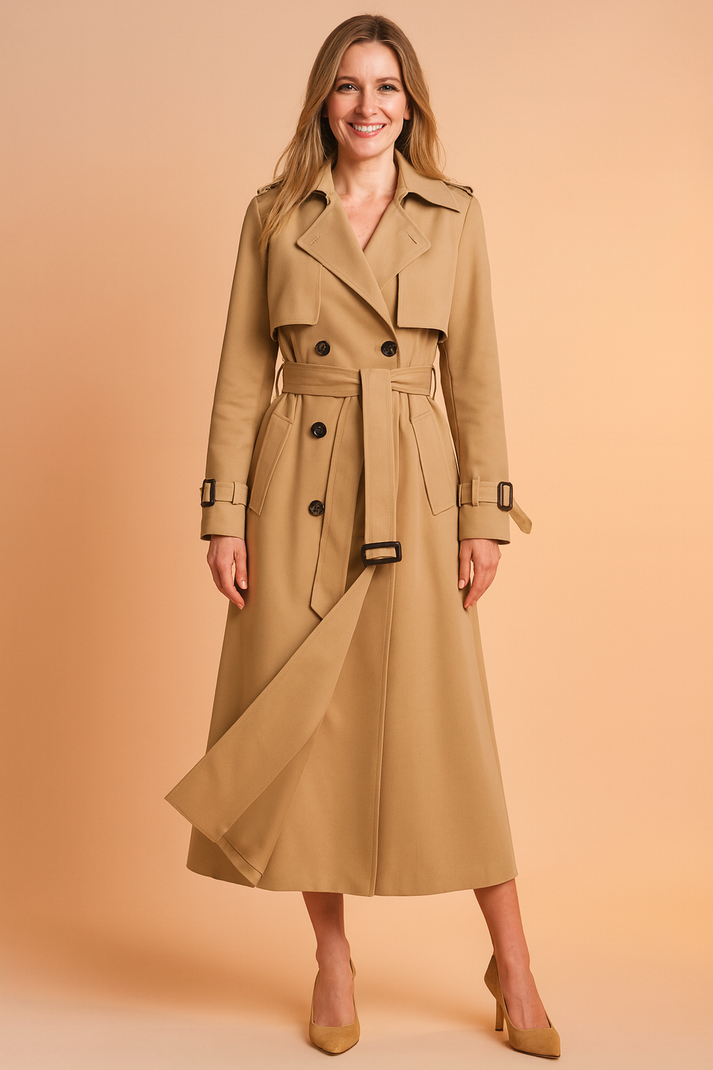 Versatile women's trench coat, wide lapel, belted. Chic outerwear for professional workwear or elegant casual autumn styles.
